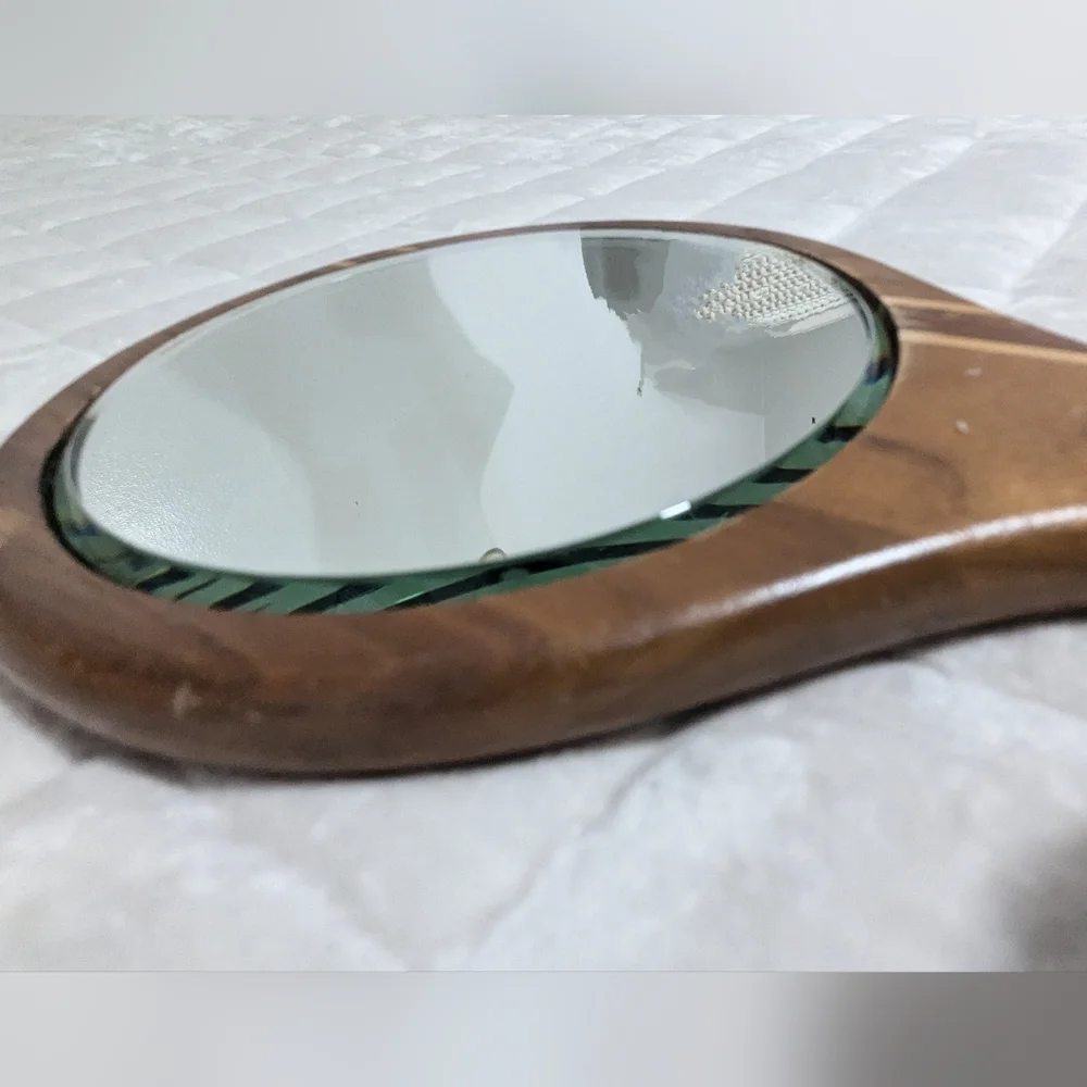 Antique Beveled Wooden Inlayed Hand Held Mirror Art Deco Handmade